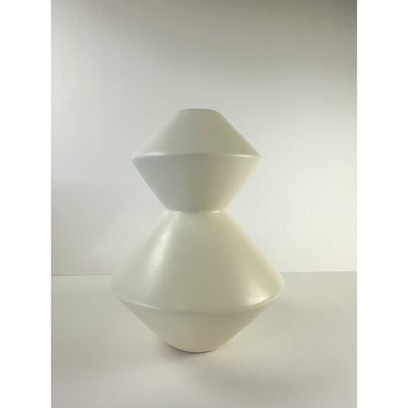 West Elm White Ceramic Vase 8" Tall Geometric Double Diamond Modern Decor - Picture 4 of 9